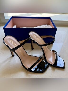 Stuart Weitzman Black Patent Aleena 100mm Strappy Square-Toe Heels - US Size 7